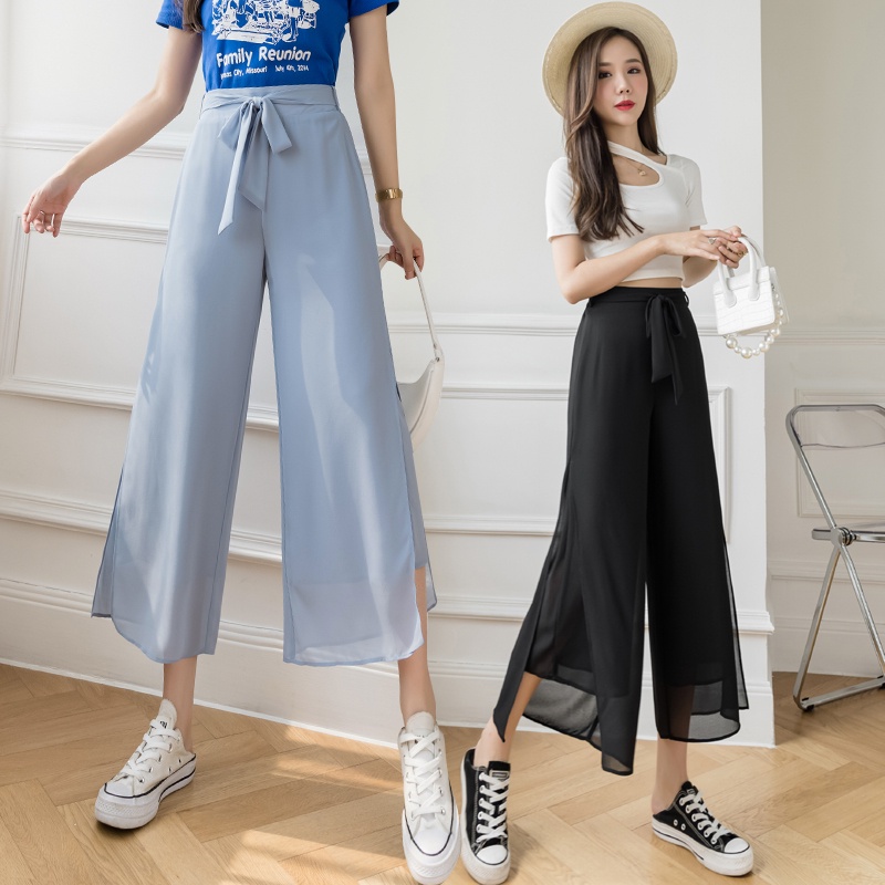 【Blossom】Korean Tie Front Cropped Solid Wide Leg Pants 7257