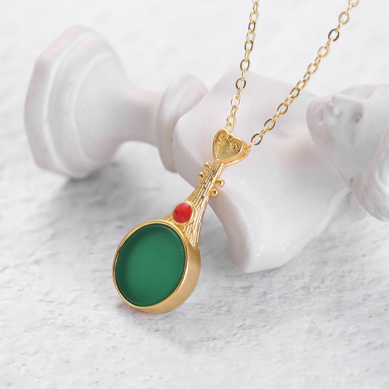 [Ready Stock]Fashion Mosaic Jade Gold Plated Pipa Pendant Necklace