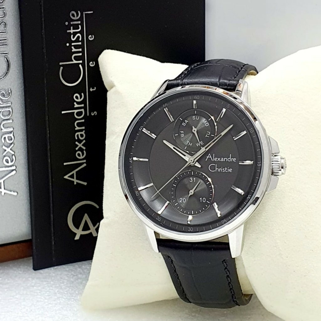 AC Alexandre Christie 6576  jam tangan pria tali kulit hitam silver