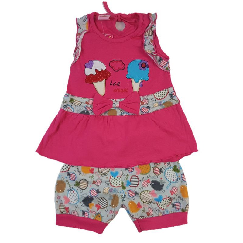 Setelan fashion baju anak perempuan 1-2 tahun motif ice cream warna  pink biru fanta