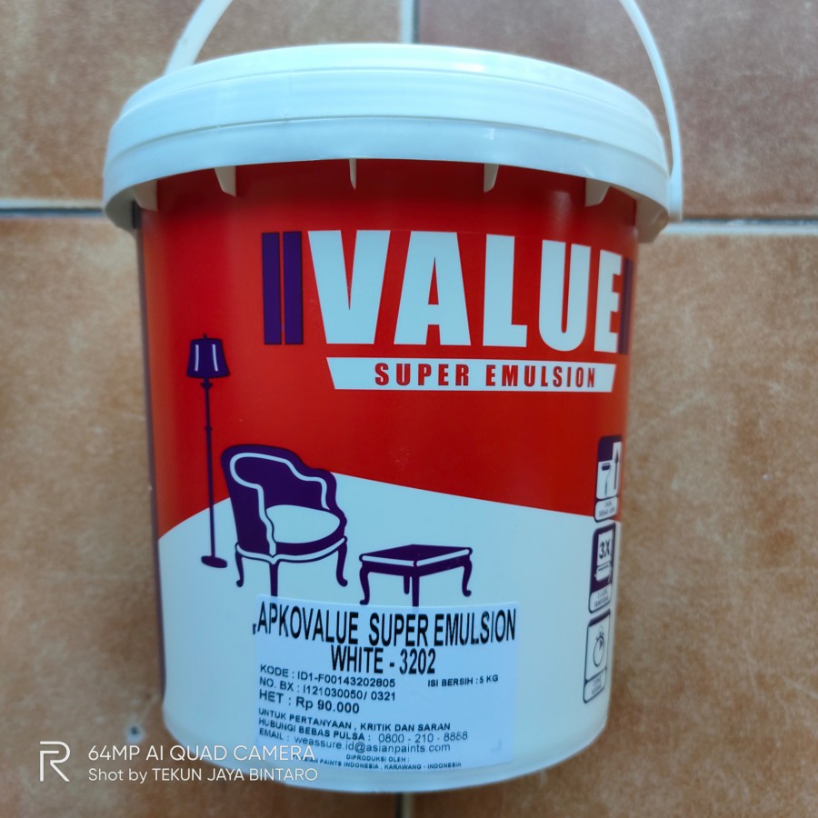 CAT TEMBOK ASIAN PAINT APKO VALUE PUTIH WHITE 3202 5 KG/ GALON