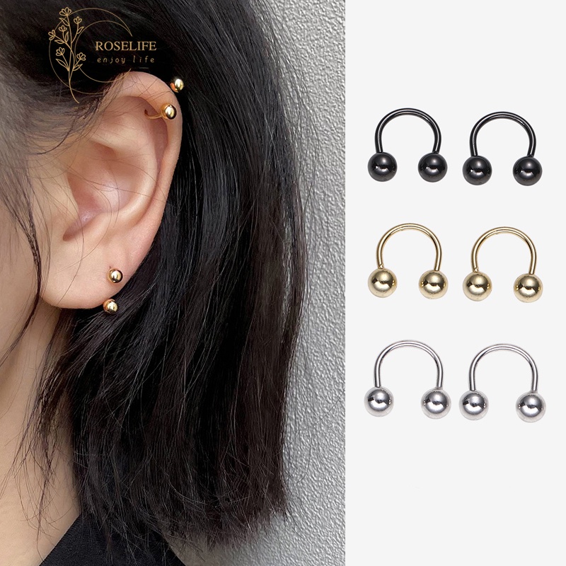 Roselife 1 Pasang Anting Tusuk Bentuk Bola Bahan Stainless Steel Untuk Unisex