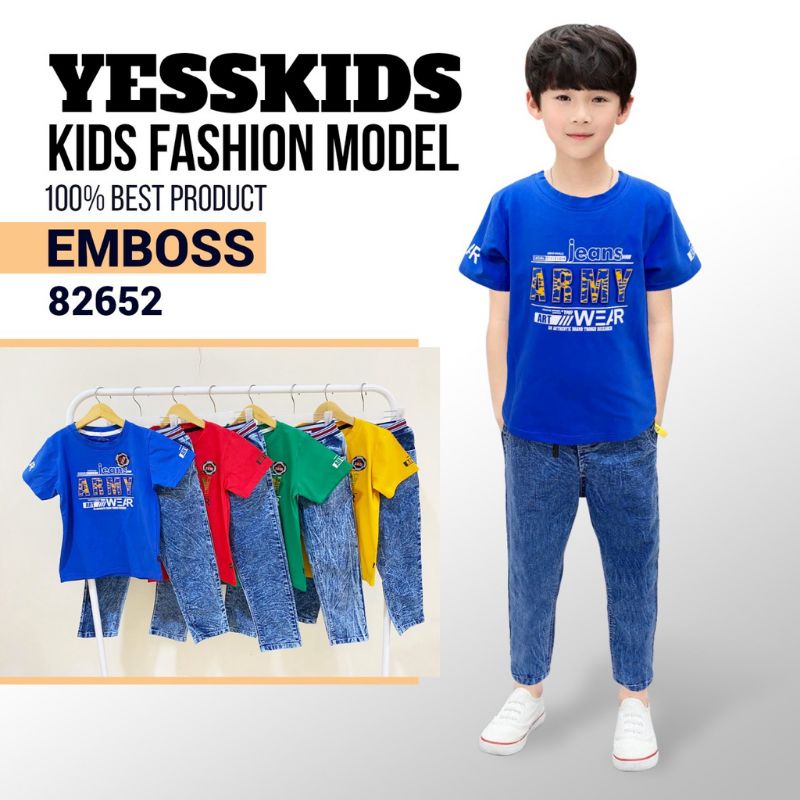 Setelan Premium Brand YessKids Kaos Emboss + Celpan Jeans Anak Laki-laki Usia 5 6 7 8 Tahun