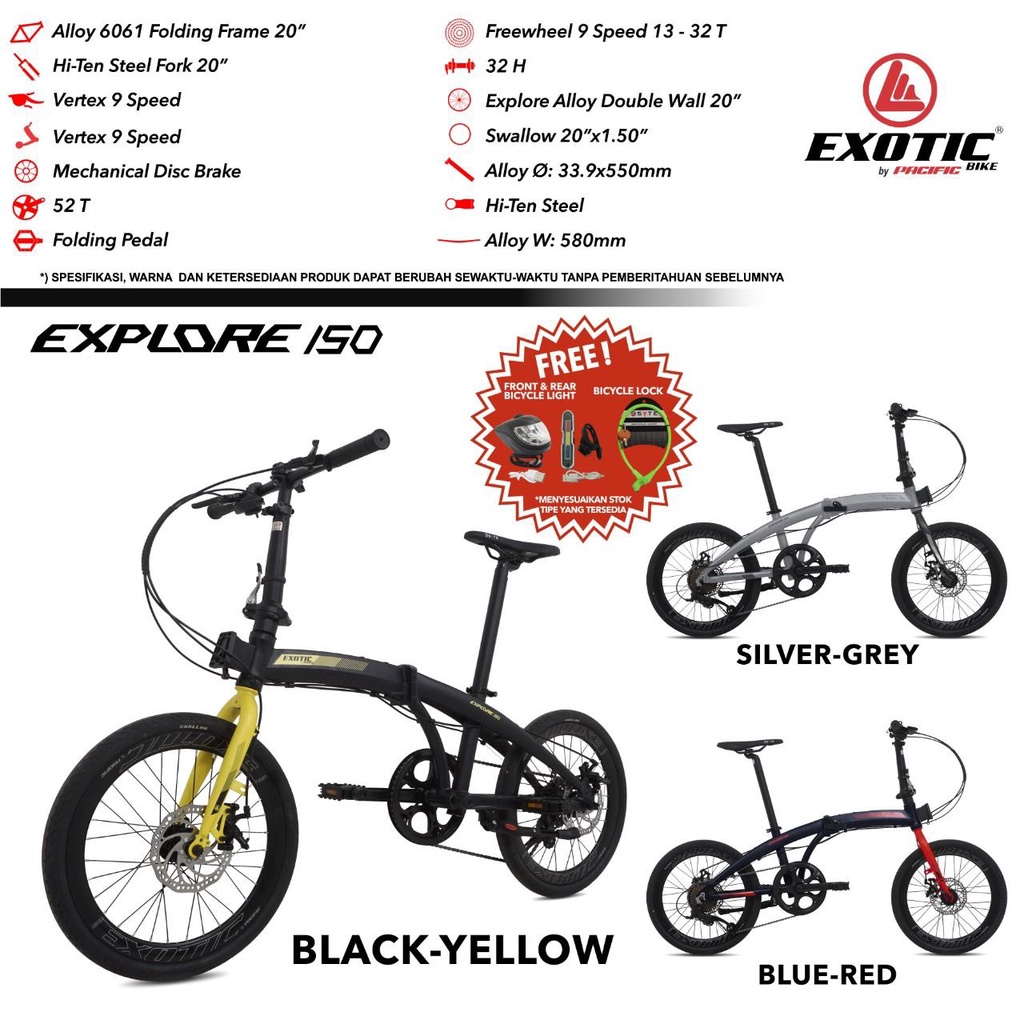 SEPEDA LIPAT EXOTIC EXPLORE 150 20” 9 SPEED FRAME ALLOY MECHANICAL DISC BRAKE BICYCLE FOLDING BIKE