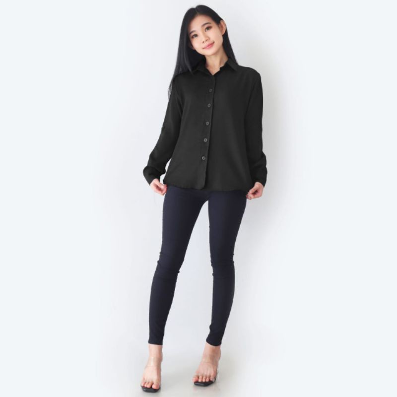 Aurel kemeja - kemeja wanita polos basic lengan panjang size M - XXL-Black