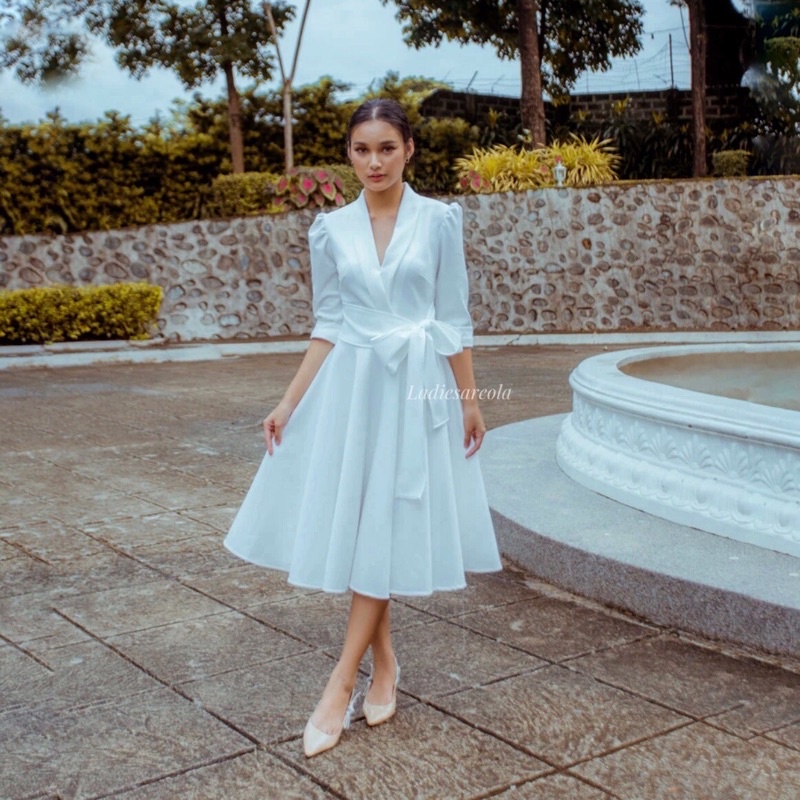 CAROLINA DRESS - Dress midi v neck wanita A line dress mekar wrap dress pesta party gaun putih penga