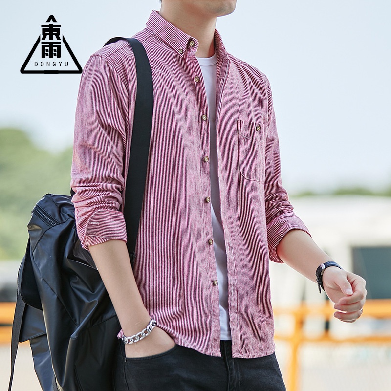 Kemeja Pria Dewasa 2022 / Pria Bergaris Kemeja Pria Kemeja  Jepang Lengan Panjang Kerah Persegi Kasu
