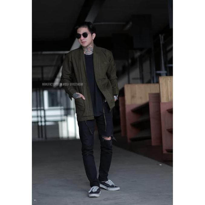 JAKET COWOK Kimono Outer Pria / Jaket Kimono / Jaket Semi Parka Kimono - Hijau, L