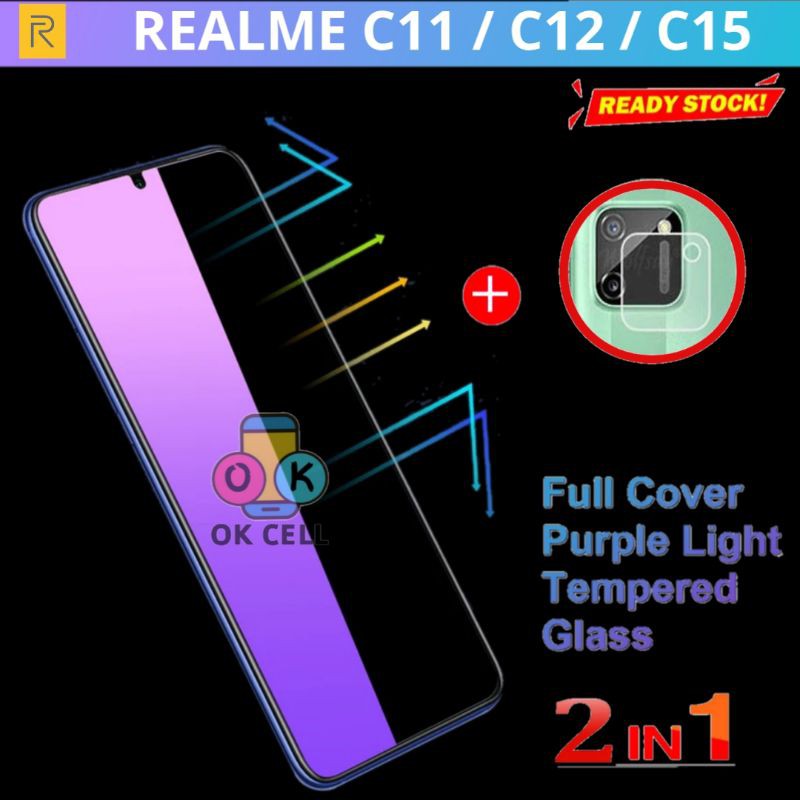 2in1- TG Anti Gores Kaca Blue Light Realme C11 C12 C15 Tempered Glass Blue Radiasi Full Layar