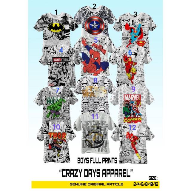 Kaos Anak Laki-laki Crazy Days seri Komik Superhero 2/4/6/8
