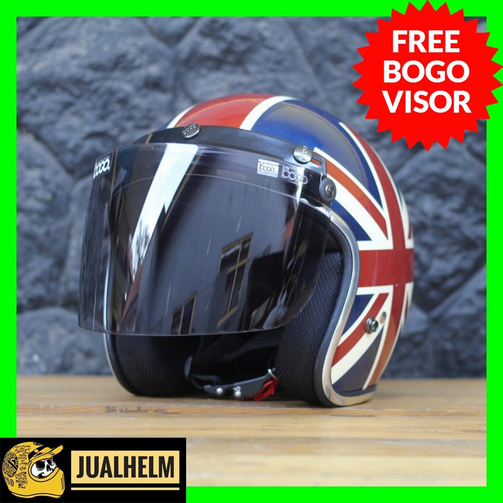 Helm Retro SADA Unionjack Glossy + Kaca Bogo Flat (Vespa/Klasik/Retro/Vintange)