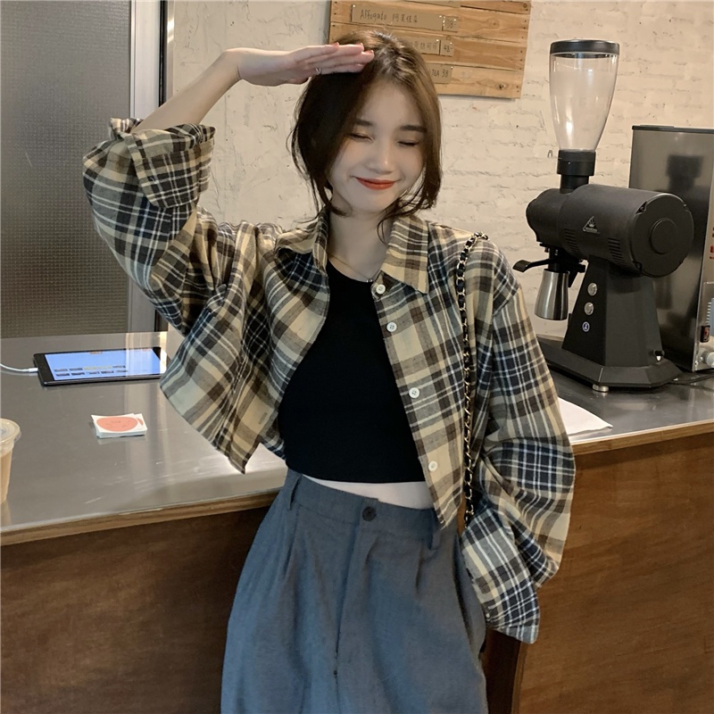 kemeja kotak-kotak pendek wanita jaket korea style kemeja lengan panjang retro