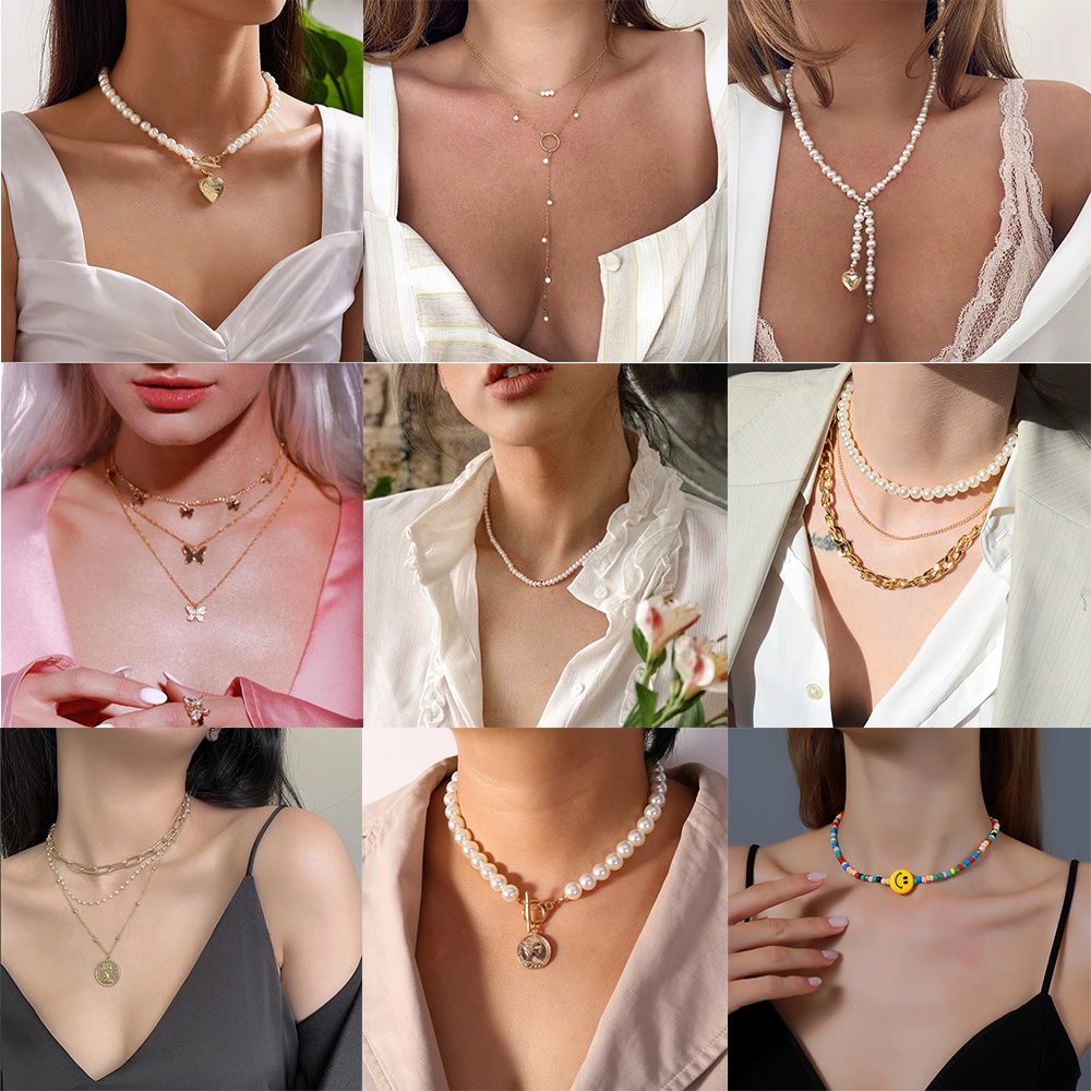 YEEZII Kalung Rantai Choker Hias Liontin Kupu-Kupu Mutiara Warna Emas Perak Gaya Korea Untuk Wanita