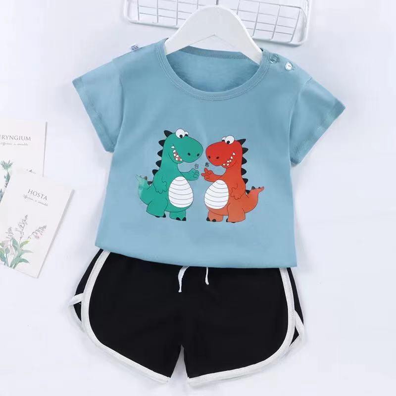 Goblin♛ PB047 COD Baju Jumper Anak bayi Romper Tidur Setelan Celana Pendek Piyama Santai Fashion Korea Import-DINO BIRU
