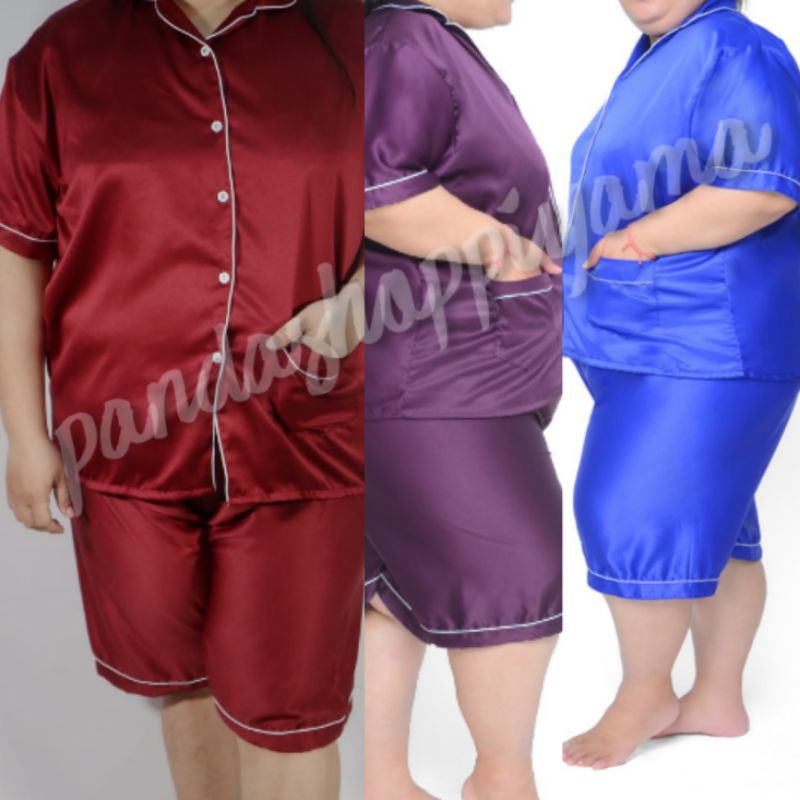 baju tidur super besar hot pant LD 140 satin polos SET / stelan celana pendek / piyama jumbo wanita