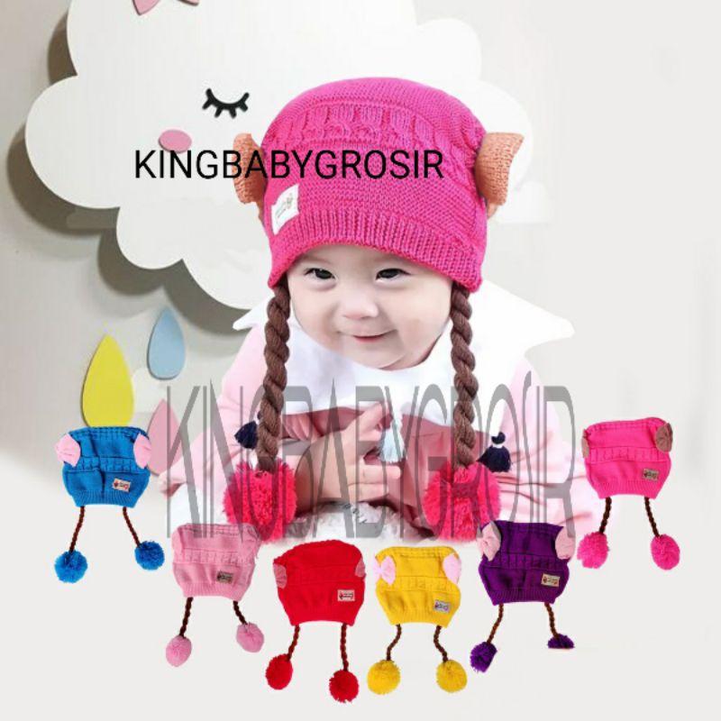 Topi  Bayi Kupluk Rambut Kepang Motif Pita / Baby Hat Wig / Topi Bayi Rambut