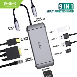 ROBOT - HT390 Multiport 9in1 USB Type C HUB Adapter Lightweight & Portable Space Grey Original - Garansi 1 Tahun
