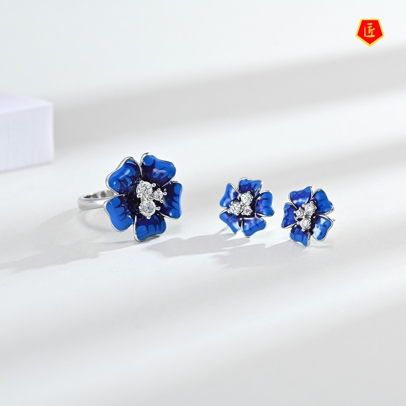 [Ready Stock]Blue Necklace Large Flower Diamond Ear Stud Suit