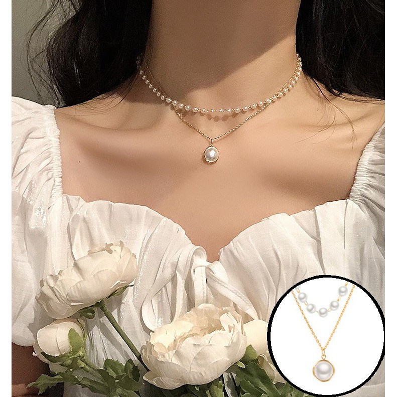 Kalung Liontin Wanita 2 Layers Mutiara #XL665 Gaya Korea Fashion Women Pearl Necklace Cewek Import