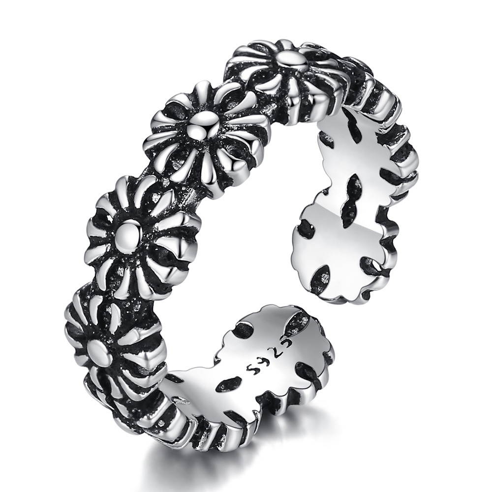 cincin perak 925 asli untuk wanita/Cincin yang Dapat Disesuaikan Bunga Hitam Perhiasan Retro JZ00056