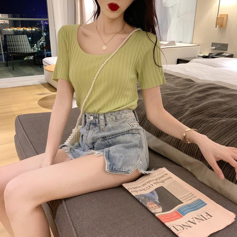  Kaos  T Shirt Wanita  Lengan Pendek Model Slim  Fit  U Shape 