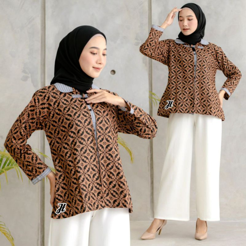 tey-17 Batik wanita ASJ SA HRB026 Kenongo Kemeja Tosca Pendek-BJT Kawung Coklat