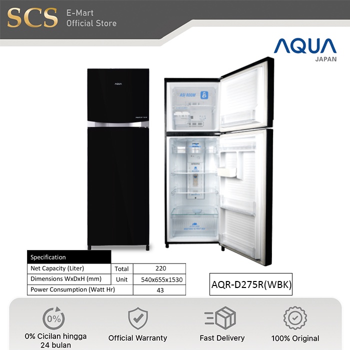 AQUA AQR-D275R WBK Inventer Kulkas 2 Pintu 275 | 220 Liter | Tempat ASI | AQR 275WBK