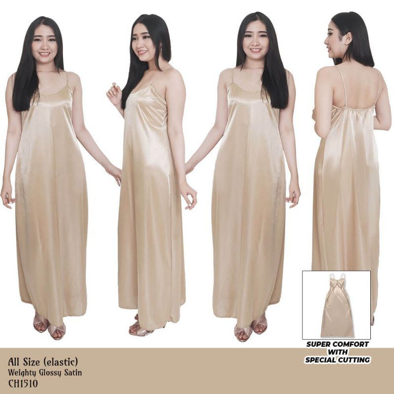 Daster wanita sexy panjang baju tidur satin allsize light gold 1510LGDR