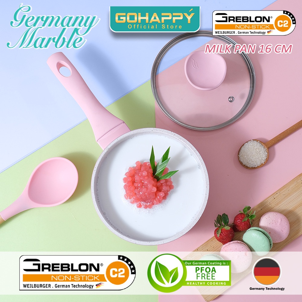 MIZUKI Panci Milkpan Pink Gohappy Germany Marble Greblon German C2 Kualitas terbaik Glowpan Sauce Pan / Milk