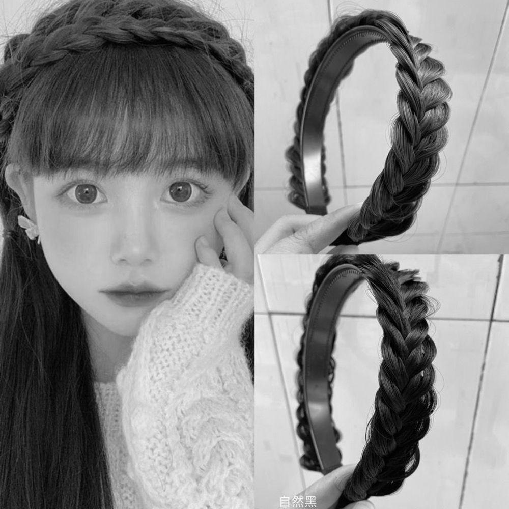 Rebuy Wig Bando Lucu Retro Twist Braided Fishbone Braid Non-slip Pita Lebar Perempuan Bertepi