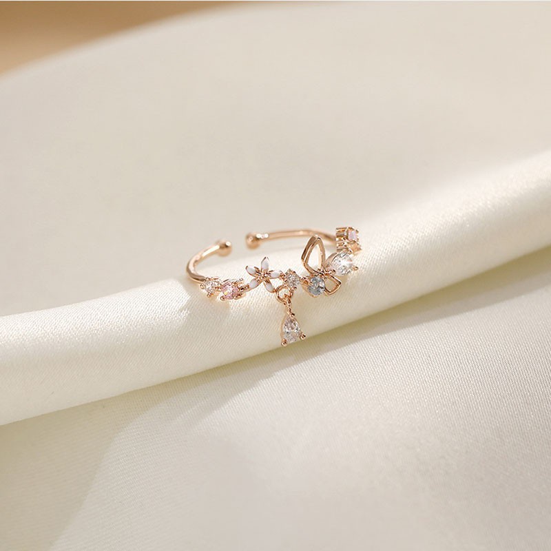 Cincin Model Terbuka Adjustable Desain Bunga Aksen Zircon Gaya Korea Untuk Wanita