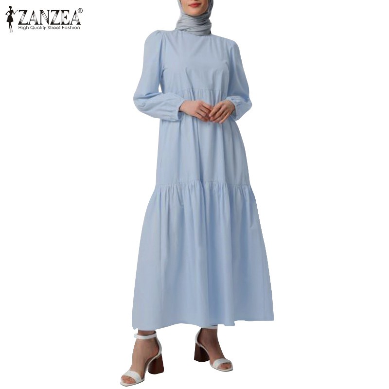 ZANZEA Women Solid Color Plus Size O Neck Retro Muslim Maxi Dress