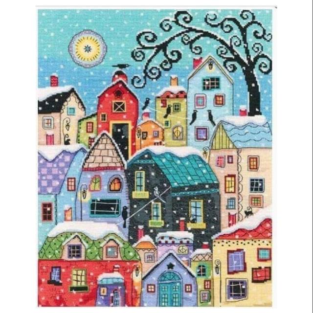 DIY Paket kristik rumah salju winter kartun pola kain full cross stitch 14ct embroidery sulaman craf