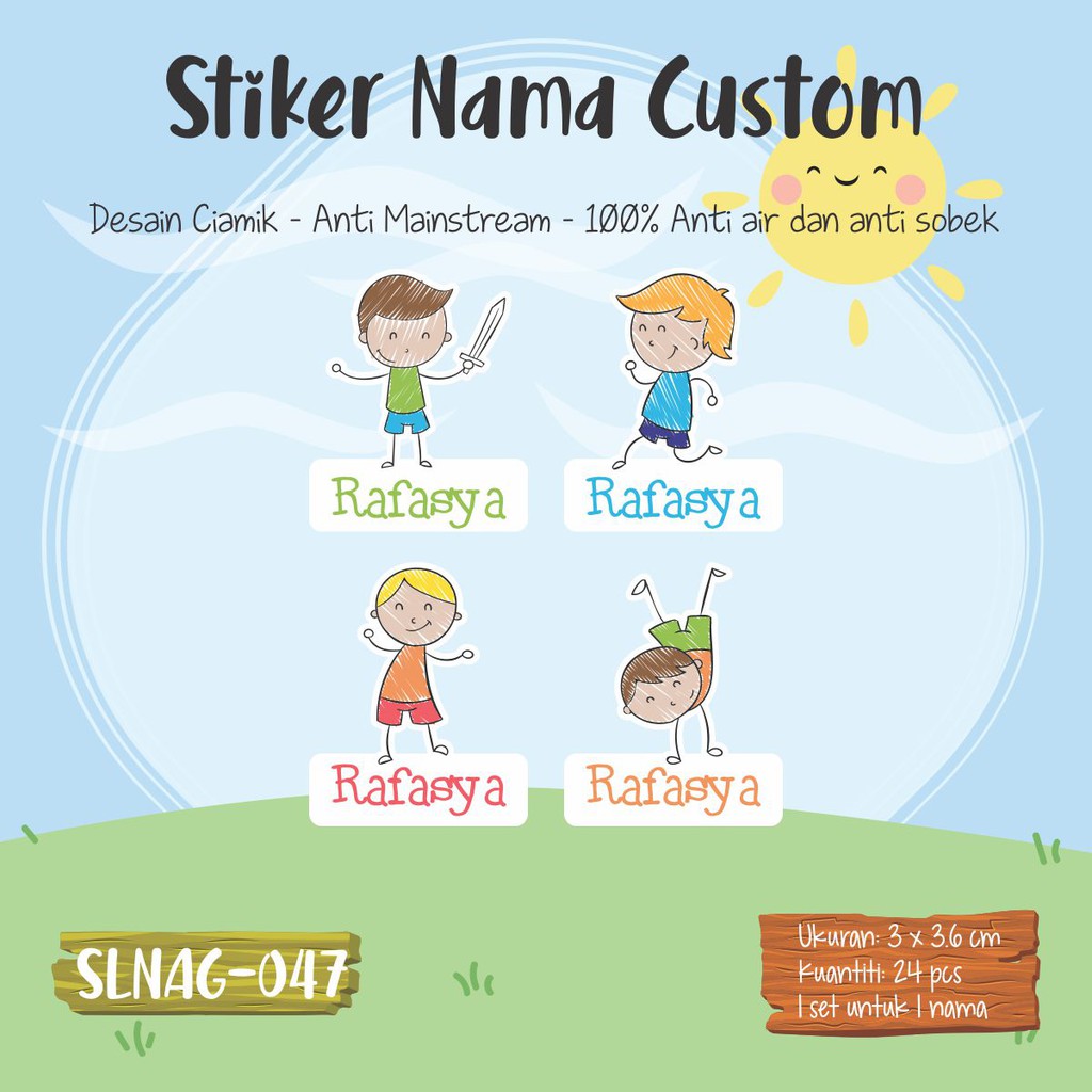 Slnag 047 Sticker Label Nama Anak Kartun Cowok Lucu Sekolah Boy