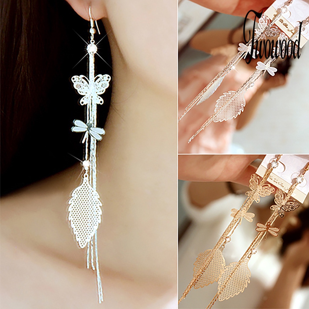 1 Pasang Anting Rantai Rumbai Desain Butterfly Dragonfly Leaf Linear Aksen Berlian Imitasi Untuk Wanita