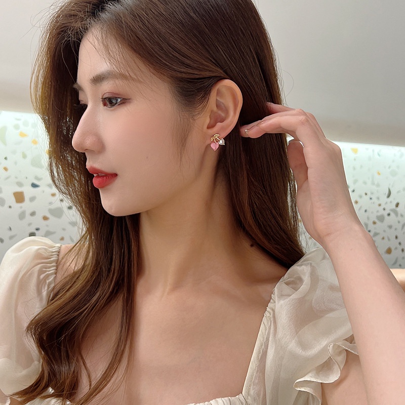 Anting Tusuk Sterling Silver 925 Desain Hati Hias Kristal Zircon Pink Gaya Korea Untuk Wanita