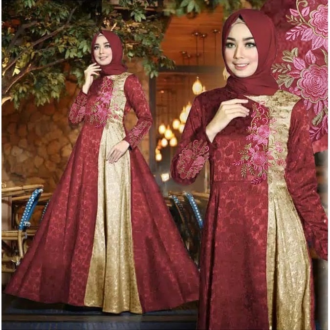 Maxi Gamis Pesta RENIANA L - 5XL Baloteli Emboss Motif Bordir Bunga Mewah Terbaru-Marun Coksu