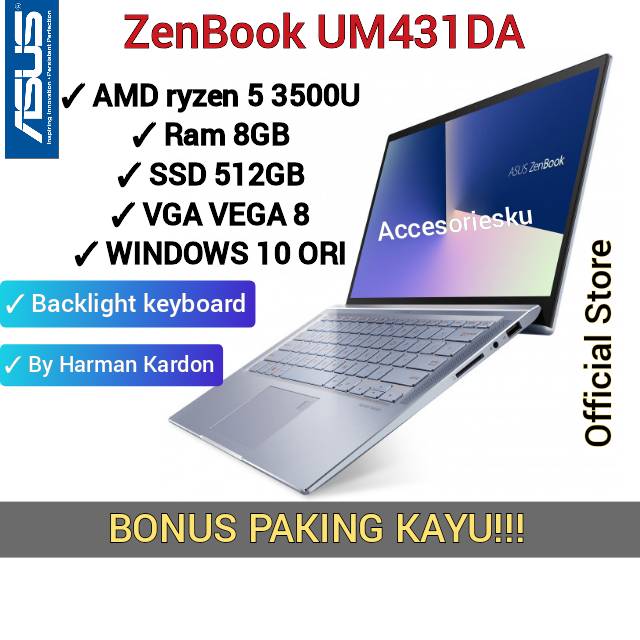 Laptop Asus ZenBook UM431DA AM501T 14" FHD-Amd Ryzen 5 3500U-8GB-512GB ssd-Vega 8-Windows 10 Ori