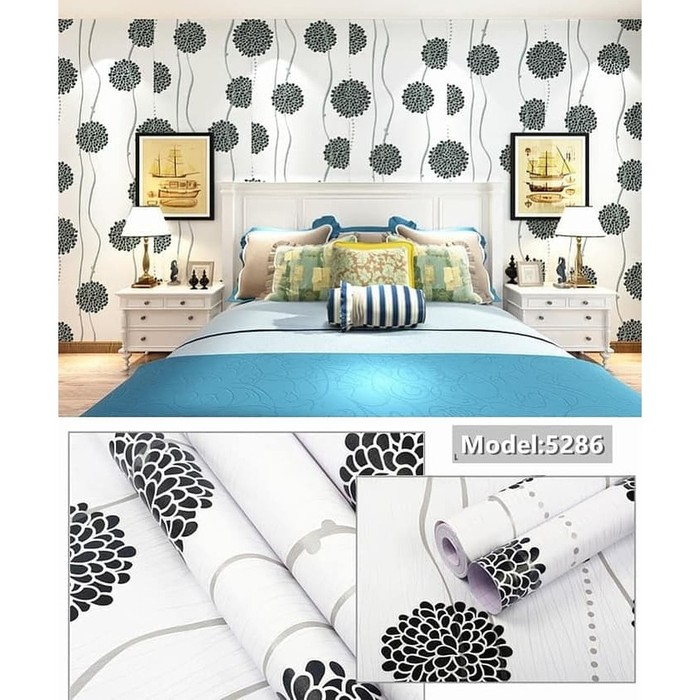 Wallpaper Dinding Motif Hitam Putih Bunga 5286 / Wallpaper Sticker PVC Murah dan Berkualitas 9mx45cm