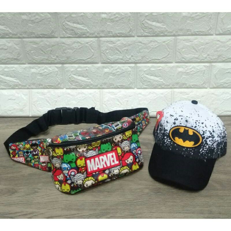 New 2in1 terbaru waistbag anak abstrak tas selempang dan topi anak karakter