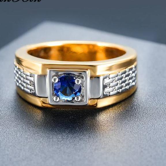 Model Baru.. Cincin Titanium Pria Lapis Emas Blue Safir & Green Zircon