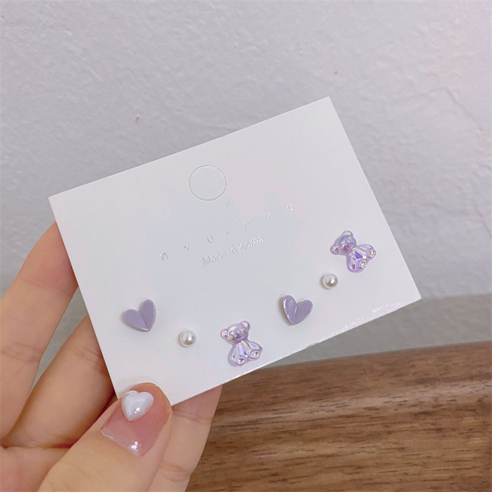 【COD Tangding】6pcs/set Aurora Bear Heart Stud Earrings with Colorful Summer INS Earstuds Fashion Accessories Jewelry