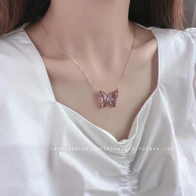 Kalung Kupu kupu Pink Besar | Kalung Titanium Anti Karat Dan Anti Luntur | Kalung Liontin Wanita