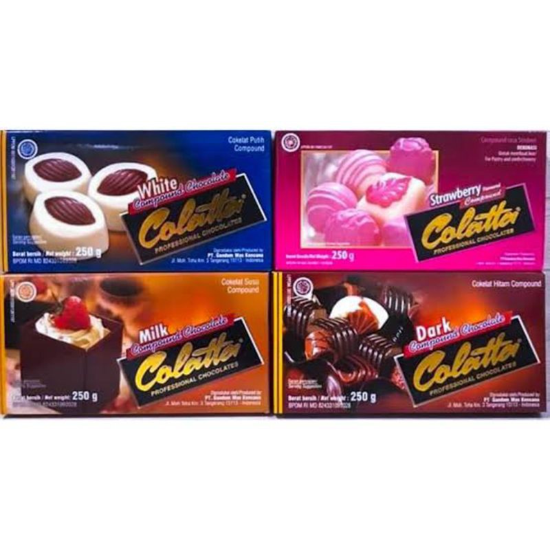 

COLATTA COKLAT 250g strawberry,dark,milk,white chocolatos kotak