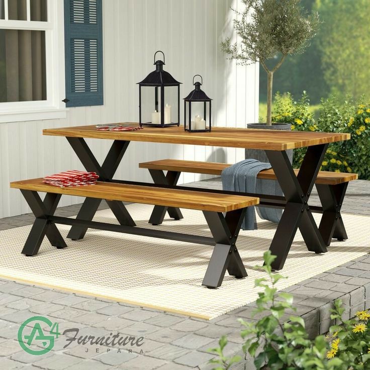 Set Meja Cafe Antik Kaki Besi Silang - Kayu Trembesi