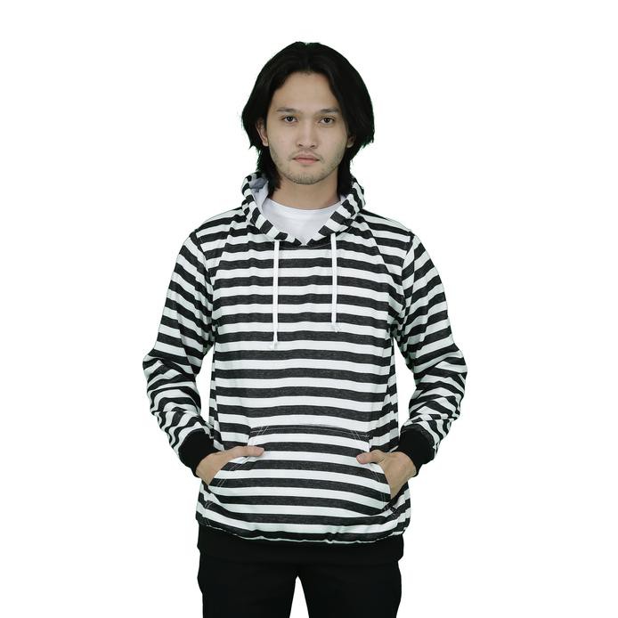 Terbaru & Termurah Jaket Sweater Hoodie Garis Stripes Hitam Putih Premium Quality - Hitam, S