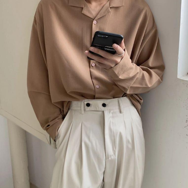 BASIC KEMEJA POLOS PRIA LENGAN PANJANG  OVERSIZE CASUAL KEMEJA RAYON OPEN COLLAR NEW SHIRT [BM.15Jl2