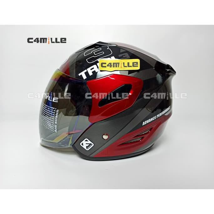 Barang Berkualitas HELM GM FIGHTER MOTIF TRIPLE BLACK RED MAROON SIVER HALF FACE PROMO | CUCI GUDANG