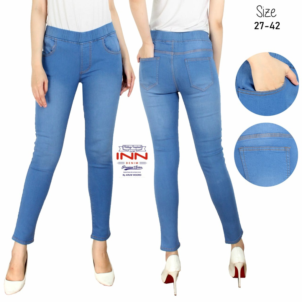 Celana Jeans Pinggang Karet Tebal Muat BB 120kg Ready Ukuran 27-45 Jegging Softjeans Polos Realpick