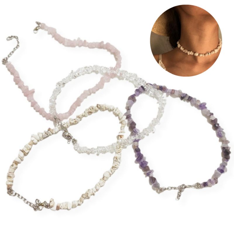 Jeannete Quartz Cracked Stone Beads Necklace Kalung Batu Kristal Crystal Choker Seastone Natural Batu Alam